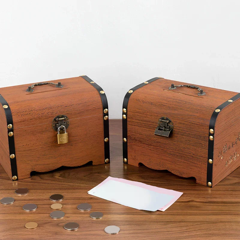 2. Home Ornamental Vintage Treasure Box, Wooden Chest with Lock, Piggy Bank Saving Organizer Case