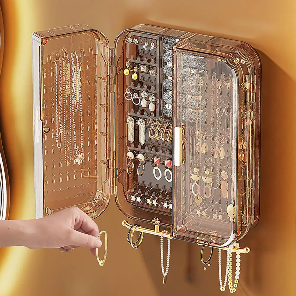 Necklace Storage Box Transparent Wall Mounted Jewelry Storage Box Multi-hook Earring Necklace Organizer No-punch for Bedroom