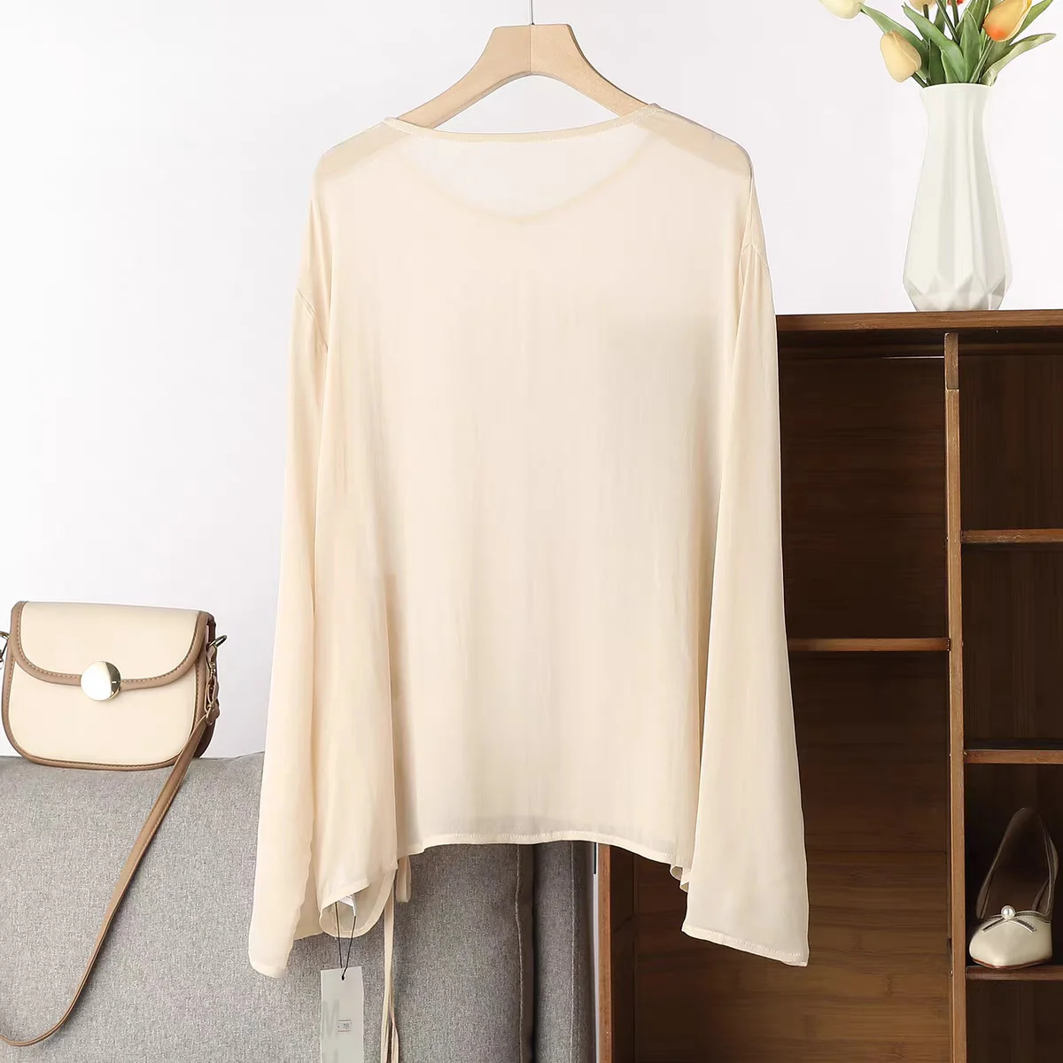 

plus Size Women's Long-Sleeved T-Shirt White Drawstring round Neck Lightweight Chiffon Summer Casual Sun Protection Top
