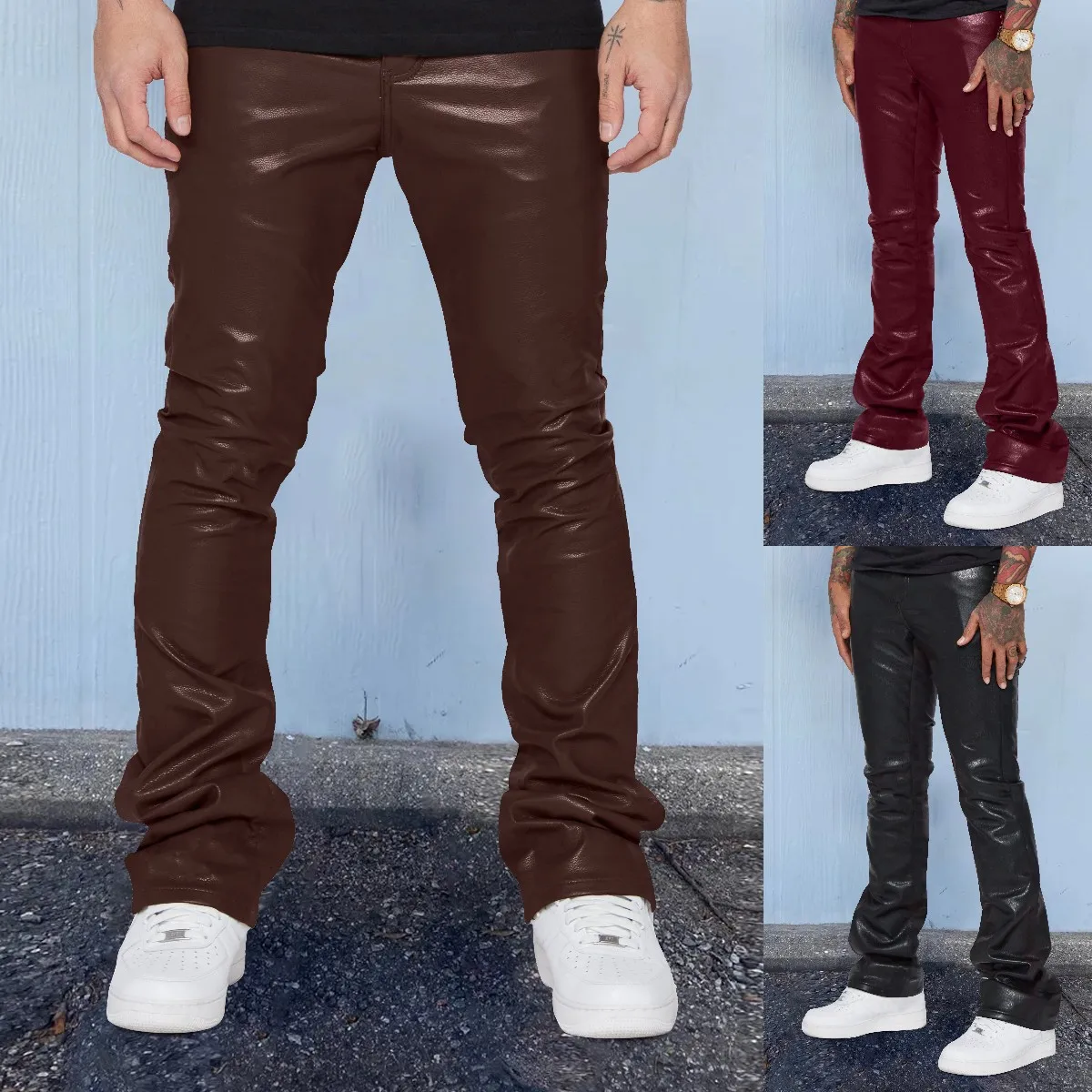 Men Long Pant Solid Mid Waist Casual Regular Leather Pants Pleated Splice Straight Trousers Button Pocket Autumn Winter New