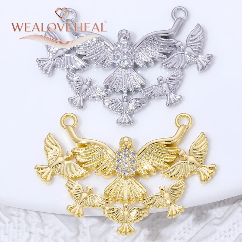 anhänger schmuck,anhänger schmuckherstellung,18K vergoldeter Messing-Taubenanhänger mit Zirkonia, mehrfacher Friedenstauben-Verbinder-Charm für DIY-Halsketten- und Armband-Schmuckherstellung – Detail 16