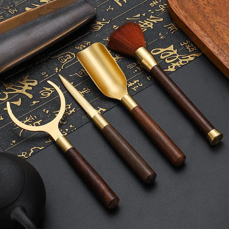 Copper & Wood Tea Set of five Accessories,Solid Ebony with Copper Craft,Complete Kung Fu Tea Tools:Tea Knife,Tea Spoon,Tea Tongs