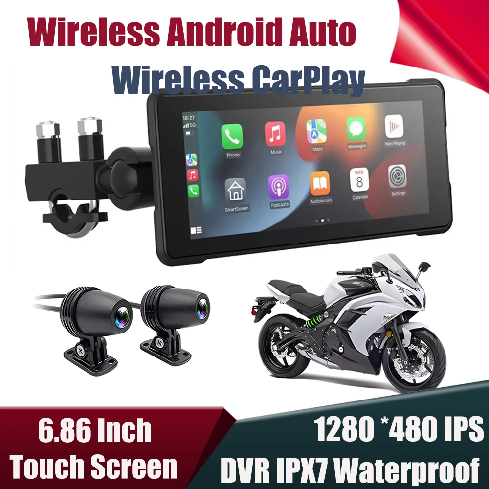 

6.86''DVR Carplay Full IPX7 Waterproof Motorcycle Wireless Android Auto Front and Rear Camera Monitor Navigation Touch Screen