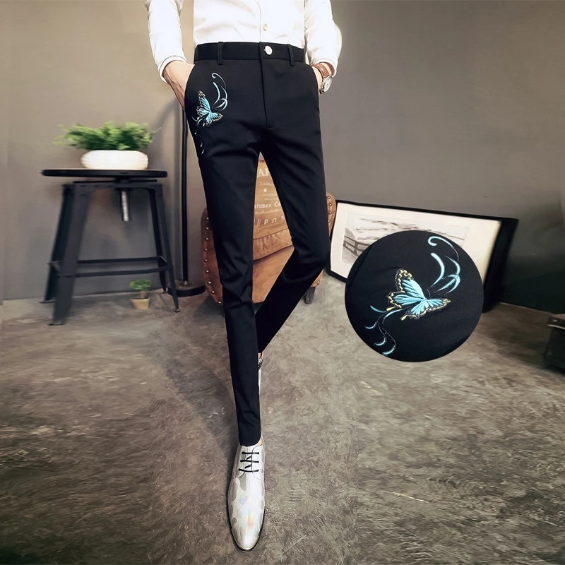 

Tight Men's Summer Pants Slim Fit Elastic Tressed Embroidery Stretch Elegant Male Suit Trousers Stylish Thin Casual Spandex 2024