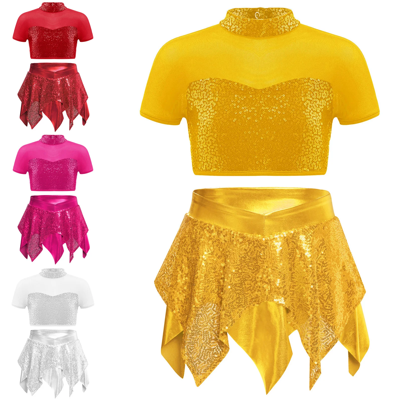 소녀 재즈 댄스 복장 반짝 이는 스팽글 메탈릭 크롭 탑 + 학교 치어 리더 공연 의상 streetwear 용 a 라인 스커트
