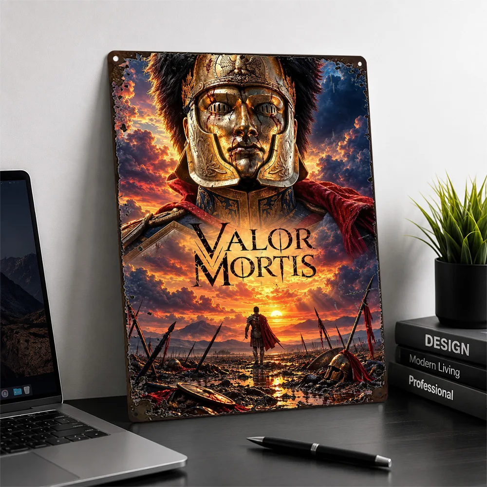 Valor Mortis Armored Warrior Aluminum Poster Sculptural Style Wall Art For Home Office Customized Metal Sign Gamer Gift Idea