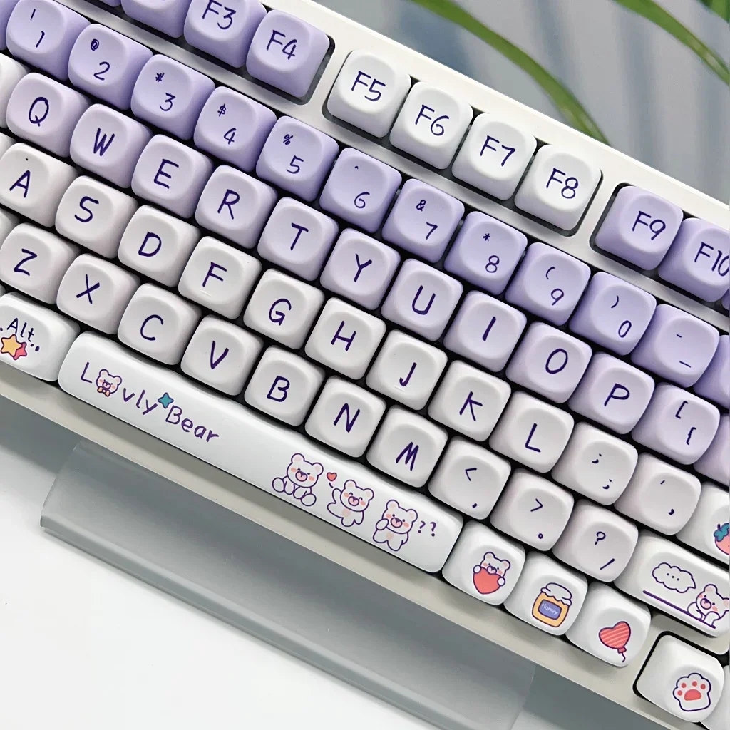 138Keys Purple Keycap Cute Bear Moa Pbt Sublimation Round For 68/75/87/98/108 Mechanical Keyboard Diy Flower Strawberry Keycap