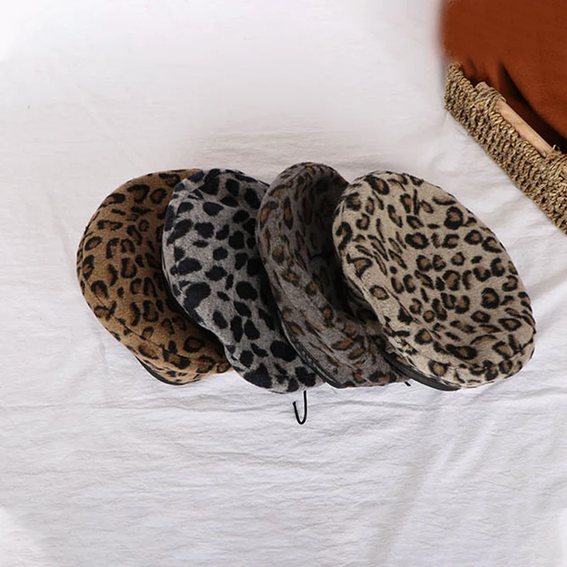 Beret Women\'s Leopard Pattern Versatile Retro Painter Hat Autumn/Winter British Bud Hat Pumpkin Hat