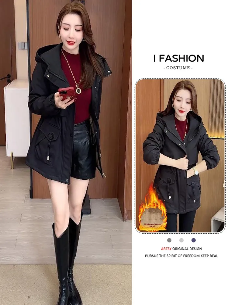 

Korean Sle Commuter ort Thiened Fce Warm Women's Jaet Winter Lazy Aosphere Plu Lined Casual Long Sve Coat