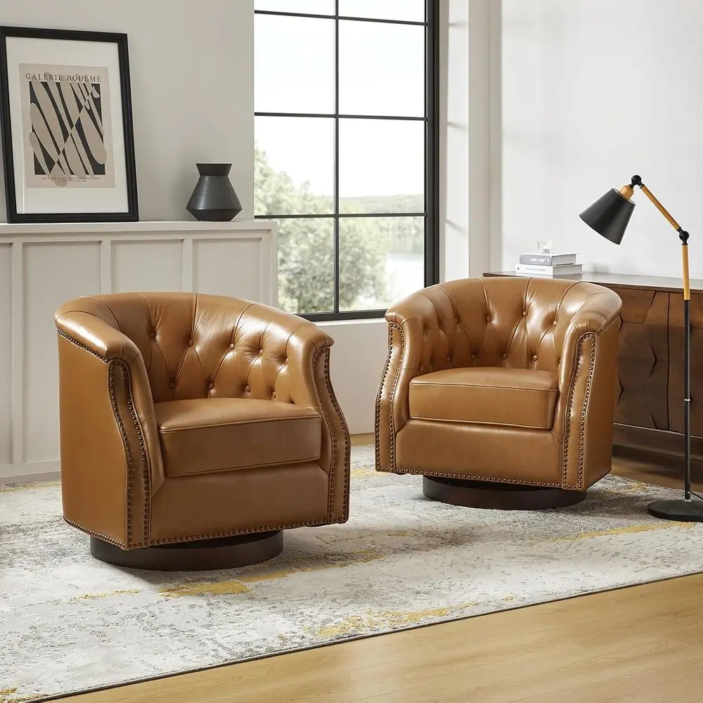 

Set of 2 Swivel Barrel Chairs, Traditional Button-Tufted Accent Chairs, Camel