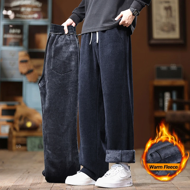 

Corduroy Fleece Wide-leg Pants Men's Winter New Thicken Warm Plush Velvet Loose Straight Casual Trousers Baggy Streetwear