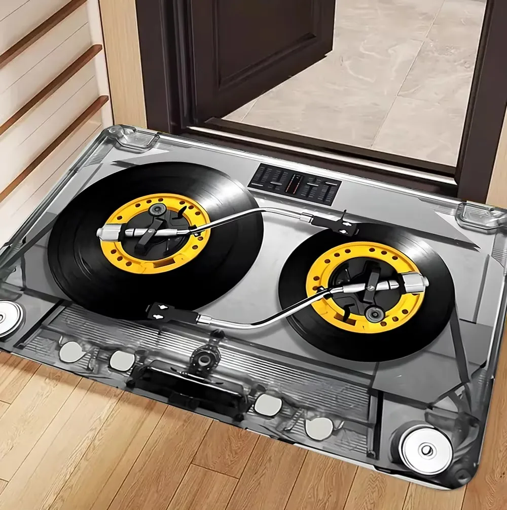 Vintage Vinyl Record & Cassette Tape Carpet Mat Rug Stylish Home Decoration with Retro Music Theme for Living Room Entryway