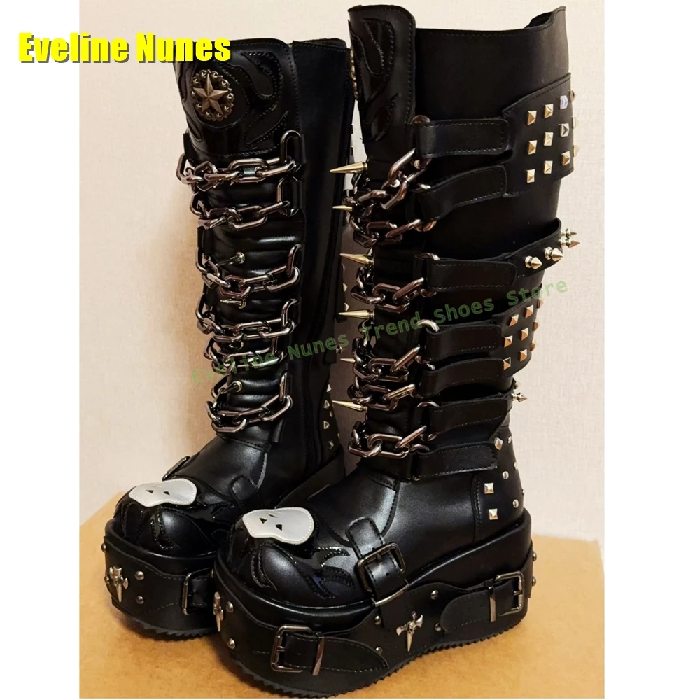 Metal Chain Rivet Platform Boots Round Toe Thick Sole Belt Buckle Patchwork Punk Cyberpunk Motorcycle Boots Heavy Work 2025 Dark