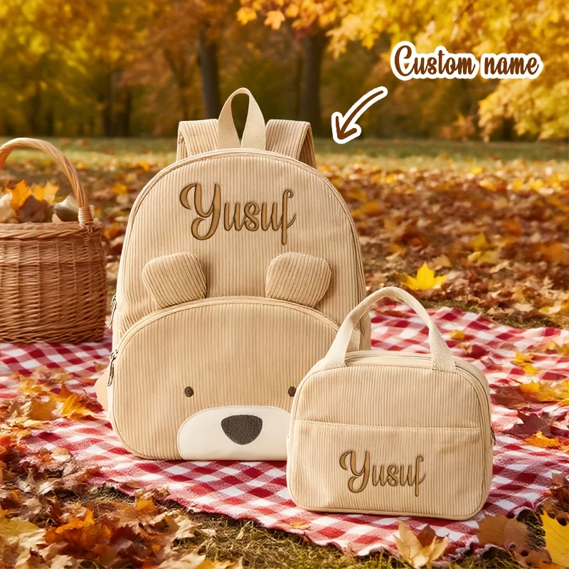 Customized Name Backpacks & Lunch Bag Embroidered Text Adorable Bear Schoolbag Portable for Boys & Girls Great for School Outdo