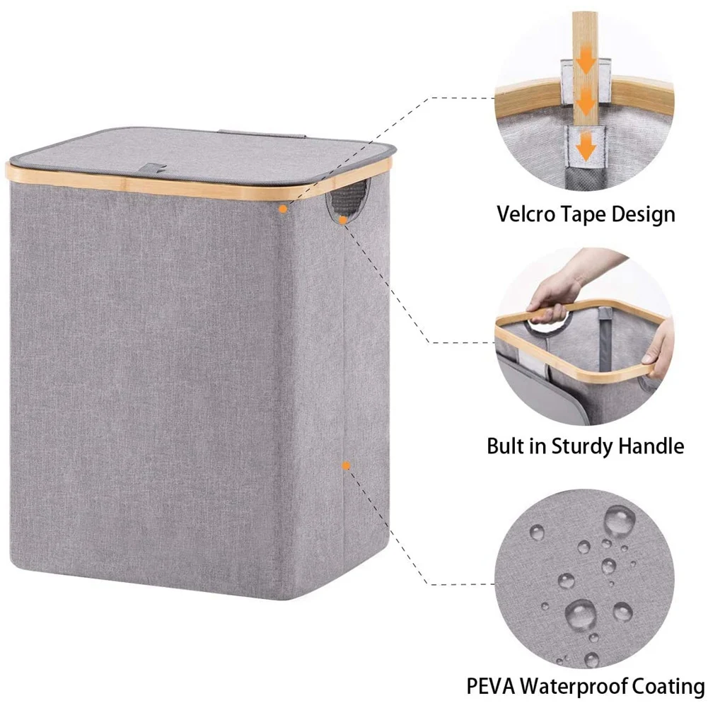 Laundry Basket with Lid,Waterproof Foldable Laundry Basket with Lid with Handle Large Bamboo Dirty Clothes/Toys/Debris