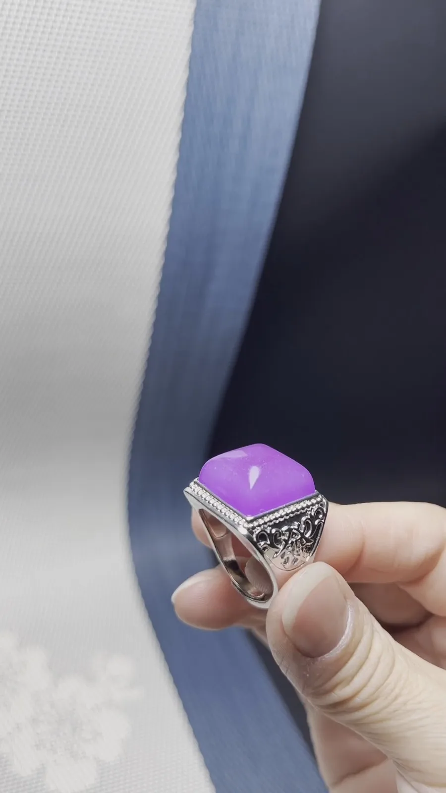 Real Natural Inlay Ice Purple Burmese Jade Jadeite Archaistic Amulet Ring