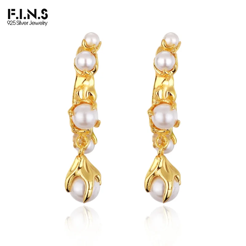 F.I.N.S S925 Sterling Silver Irregular Piercing Earrings Exaggerated Fashion Shell Pearl Ear Hoops Fine Jewelry Accessories