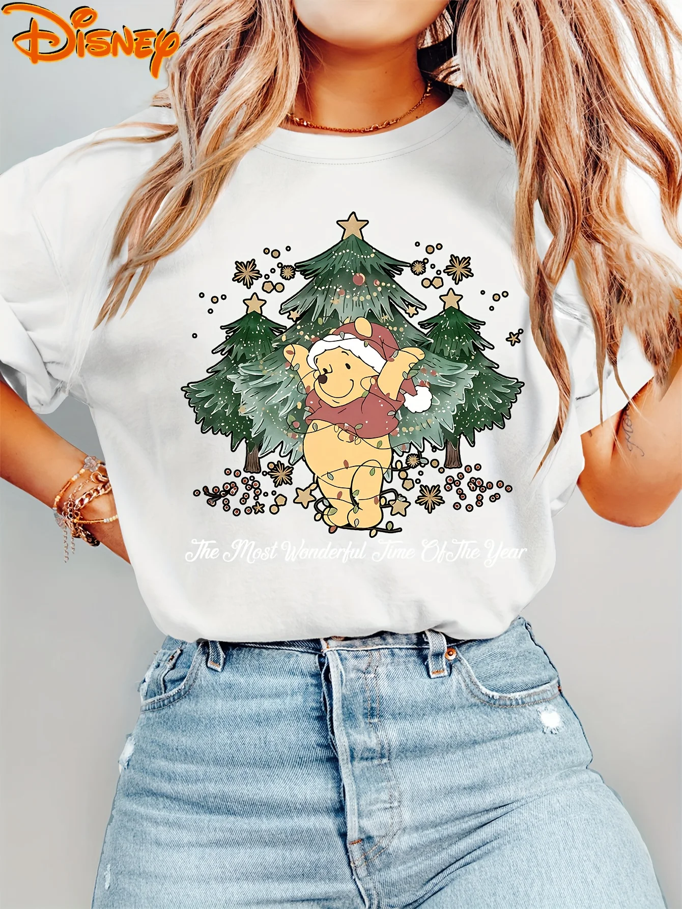 Disney Christmas Version Winnie The Poole T-shirt da donna vintage in cotone manica corta girocollo casual trendy da donna corta