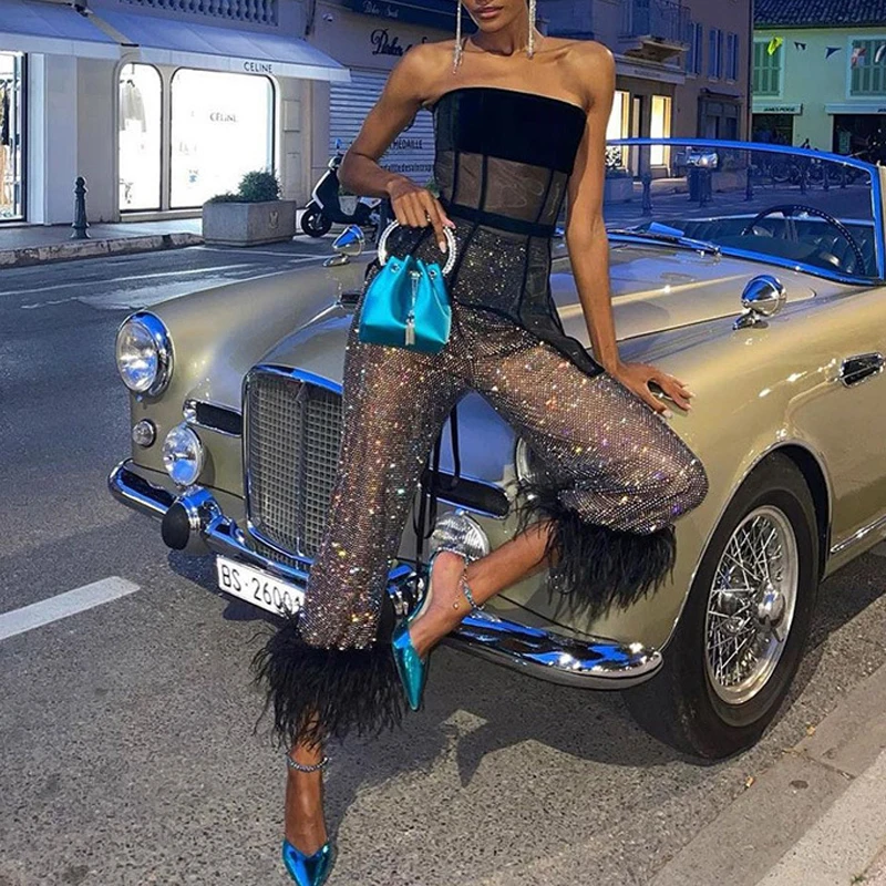 BKLD 2026 Transparent Glitter Splicing Feather Hem Pants Fashion Party Nightclub Women Outfit Versatile Temperament Slim Bottoms
