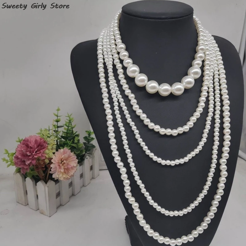 Women Pearl Choker Necklace Sets Vintage 1920s Elegant Ladies Beaded Collar Wedding Party Necklaces Charm Jewelry White Beads