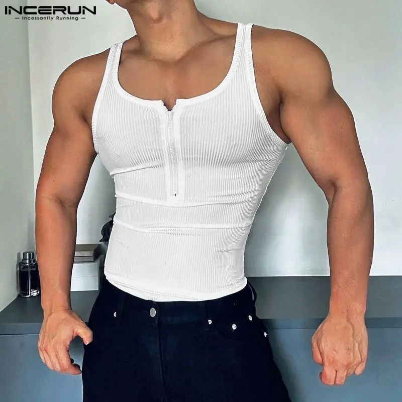 INCERUN Tops 2024 American Style Fashion New Men\'s Striped Zipper Design Vests Casual Streetwear Male Solid Sleeveless Tank Tops