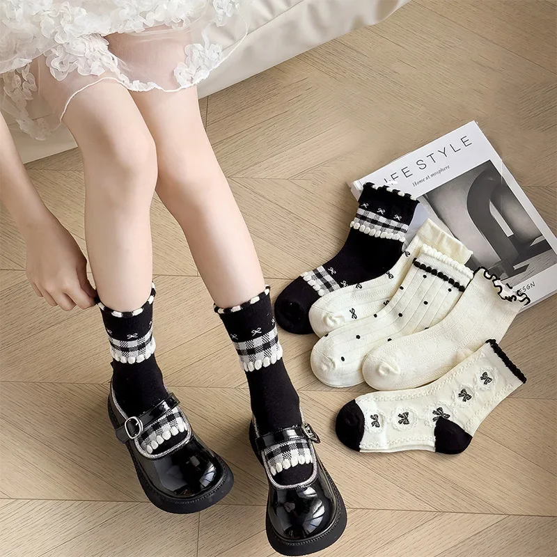 

5Pairs White Plaid Dot Print Baby Socks Japanese Lolita Girls Middle Tube Sock Summer Thin Mesh Kids Short Socks