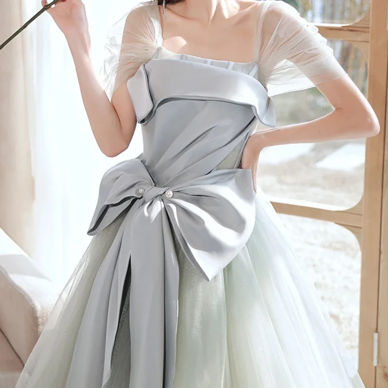 Customized Fresh Aesthetic Mesh Slash Neck Long Princess Dress Front Satin Spliced Bow Design Vestidos Elegant Cascading Simple