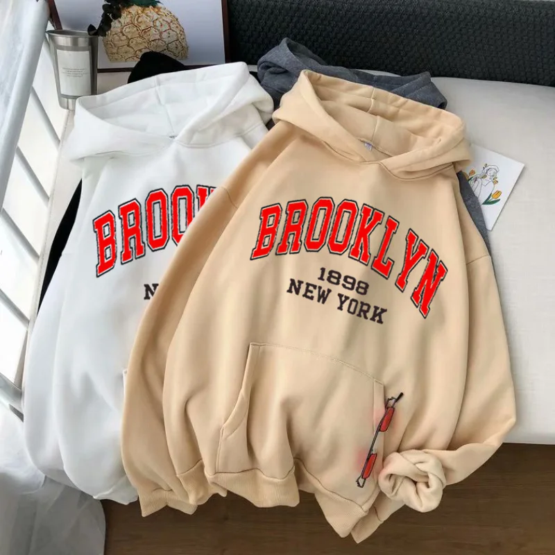 

Новые зимние вельветовые толстовки для женщин с принтом Brooklyn, удобные, из мягкой ткани, в уличном стиле, повседневные худи с капюшоном