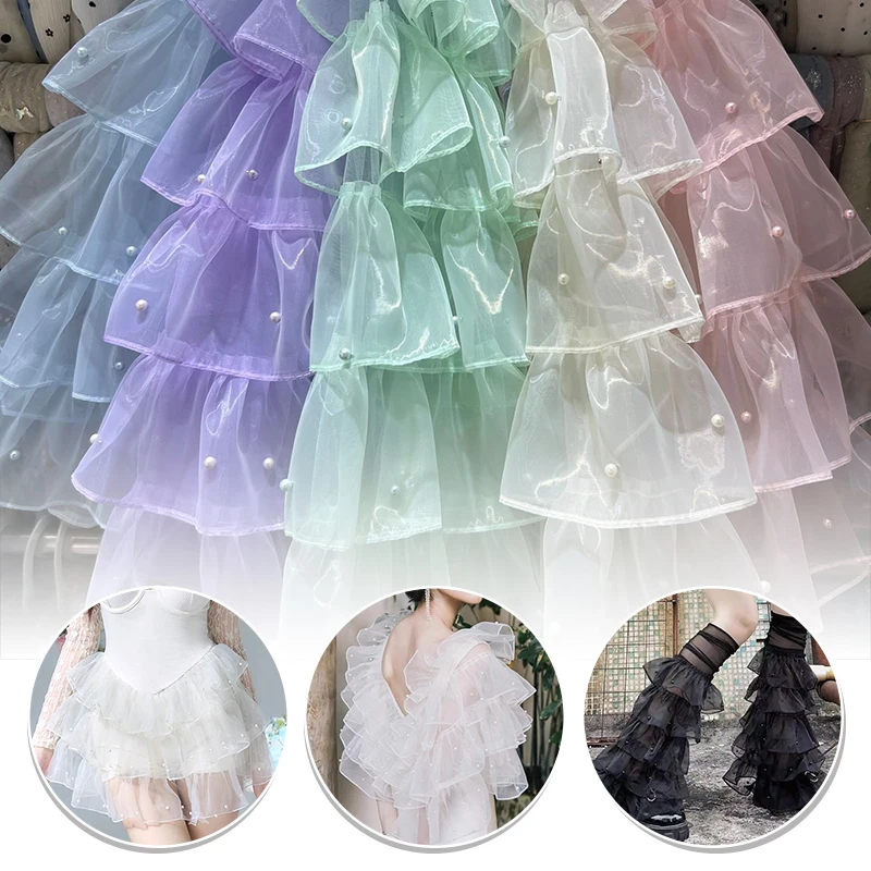 2yards 5layer Organza Ruffled Beads Lace Fabric DIY Sewing Trims Clothes Accessories Wedding Dress Pearl Designer Fabric