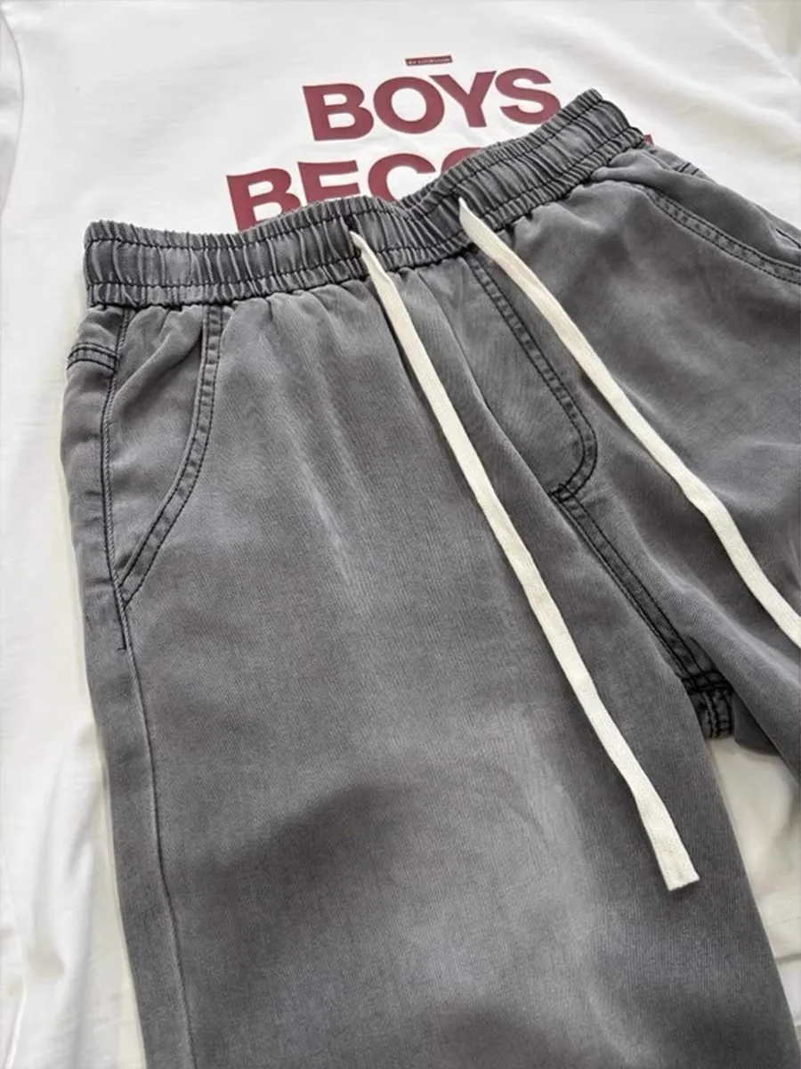 E ey الجليد الحرير الجينز الرجال الصيف مرونة الخصر واسعة الساق السراويل الطويلة الأمريكية الرجعية خفيفة الوزن مستقيم الساق السراويل #2