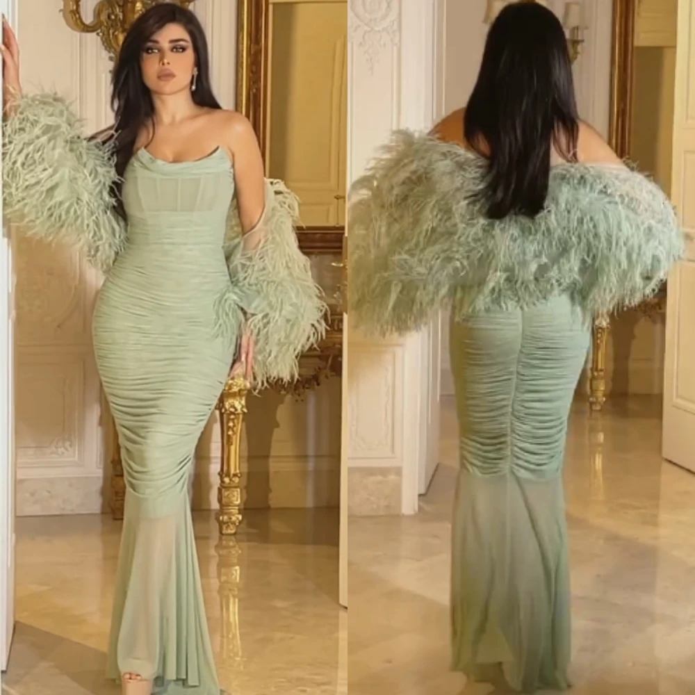 Vestido largo de noche de gasa de Arabia Saudita, traje de quinceañera con plumas, Trompeta sin tirantes, a medida, para ocasiones