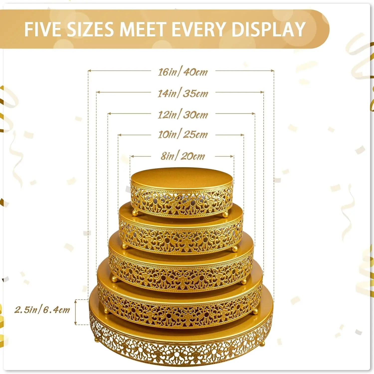 Round Cake Holder Set, 5 Pieces, Metal Gold Cake Stands in 16, 14, 12, 10, and 8 Inch Sizes