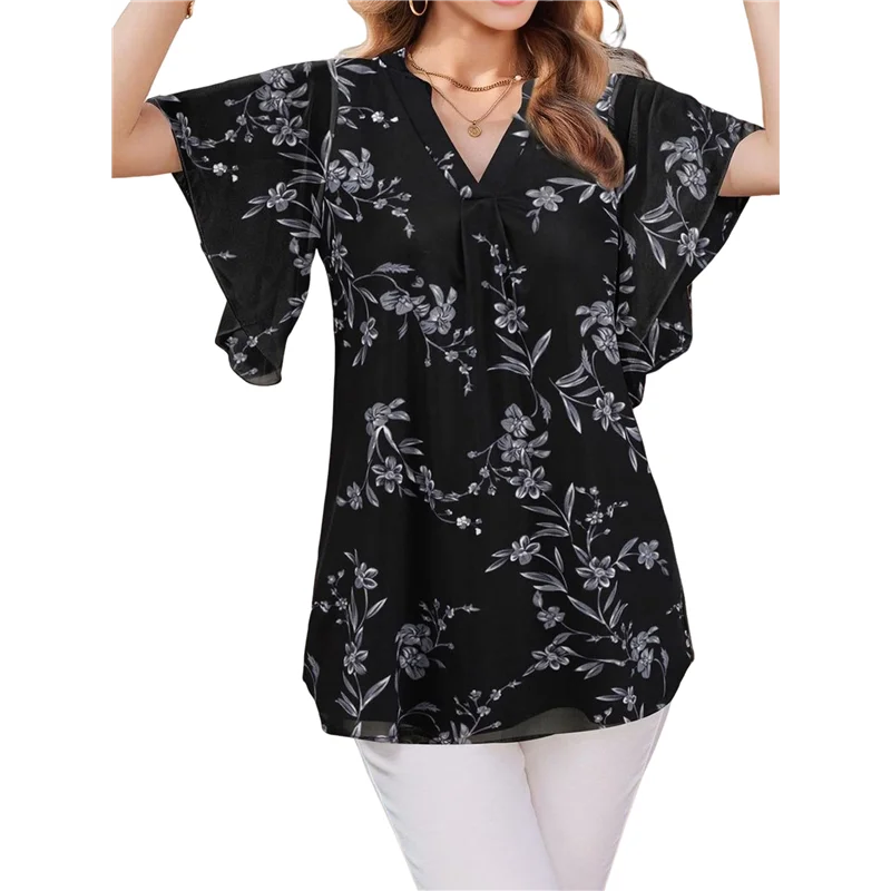 

Women's Short Sleeve V Neck Blouses Shirts Floral Double Layers Mesh Tunics Tops