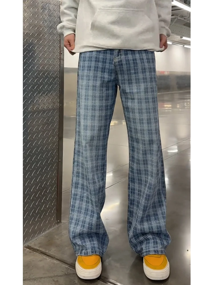 

Blue American Retro Plaid Men's Jeans Loose Casual Straight Leg Trousers Design Sensation Autumn Winter Cool Sle Jeans