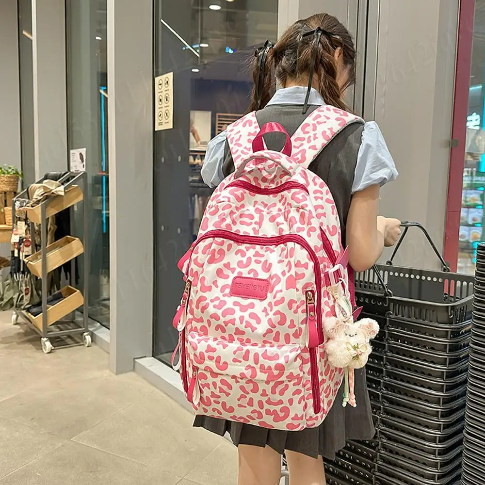 حقيبة كمبيوتر محمول بطبعة الفهد خفيفة الوزن من النايلون حقيبة مدرسية متوسطة الاتجاه لطلاب الجامعات الثانوية حقيبة كتب كبيرة للسفر على ظهره #3