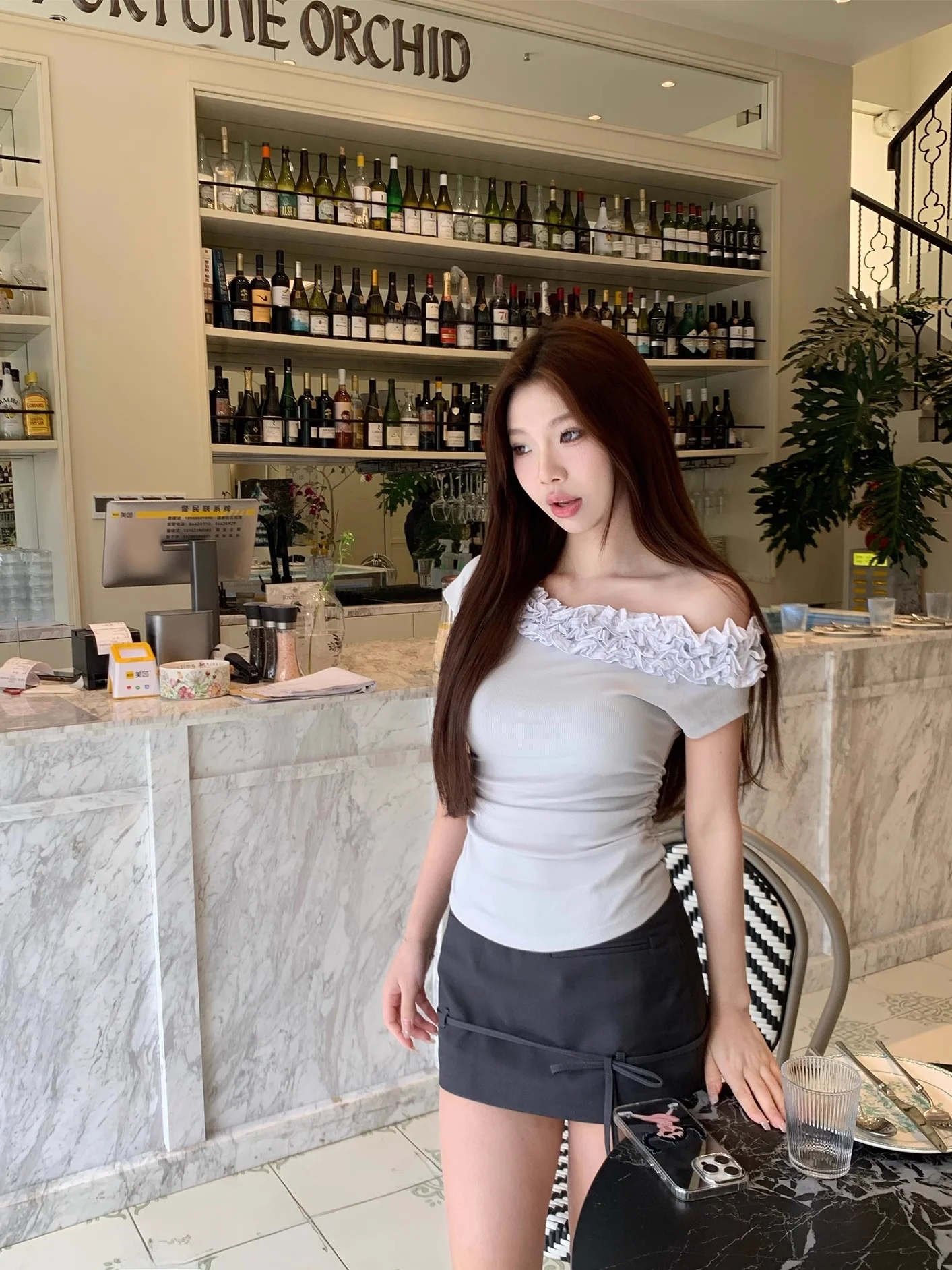 

EUSKY Heavy Industry Design Multi-Layer Ruffle Asymmetrical Shoulder Short Sleeve T-Shirt Women's Summer New Pure Desire Fash...