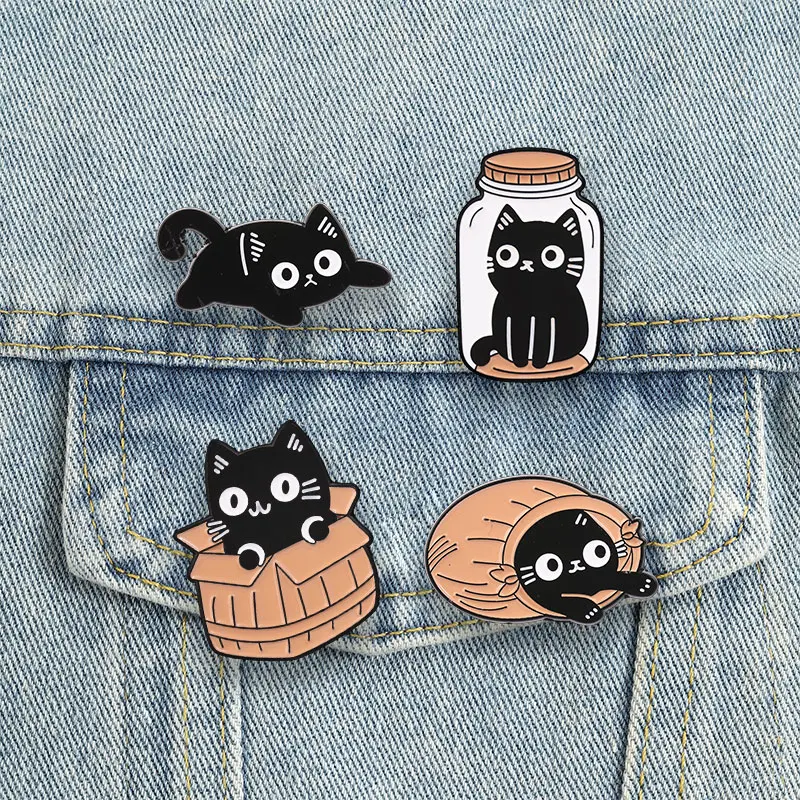 Black Cat Enamel Pins Hide And Seek Kitten Basket Bottle Brooches Badges Cute Fun Animal Jewelry Gift for Friends