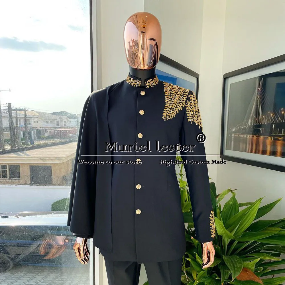 

Unique Design Suits Men Stand Collar Jacket With Cape Pants 2 Piece Set Formal Banquet Business Party Bridegroom Tuxedos Bespoke