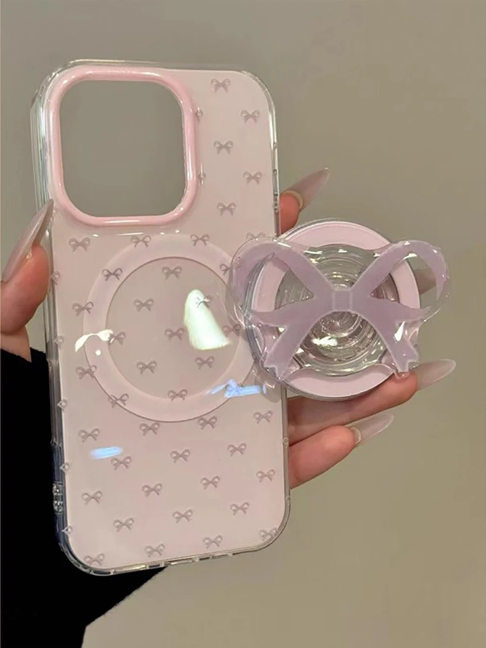 

Cute Pink Bowknot Bow Magnetic Grip Tok Wireless Charge Phone Case for IPhone 16 15 14 13 17 Pro Max Magsafe Cover with Holder