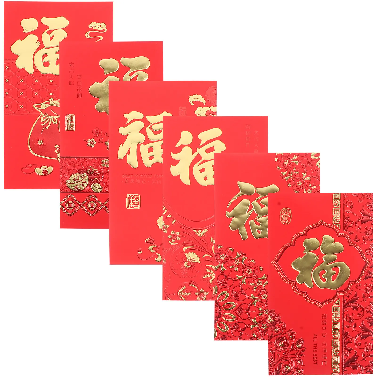 

6Pcs Lunar New Year Red Envelopes Fu Symbol Blessing Design Paper Money Pockets Chinese Style Festive Red Packets for New Year