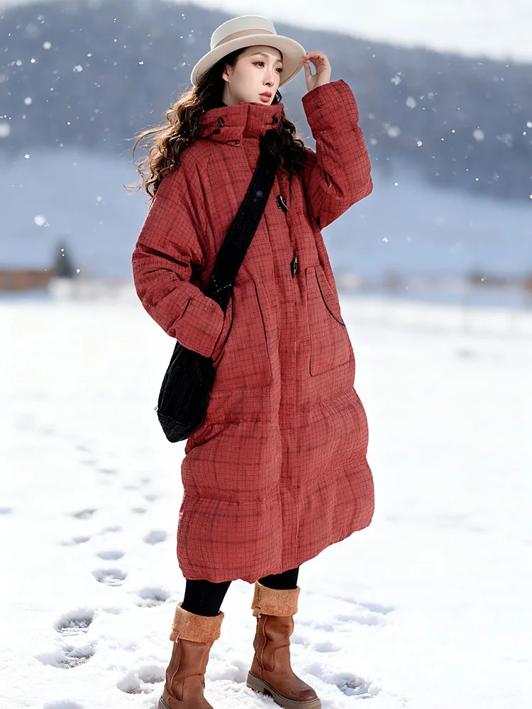 115-135cm Bust Winter Down Jackets Women Elegant White Duck Down Windproof Thick Warm Long Red Plaid Hooded Down Puffer Jackets
