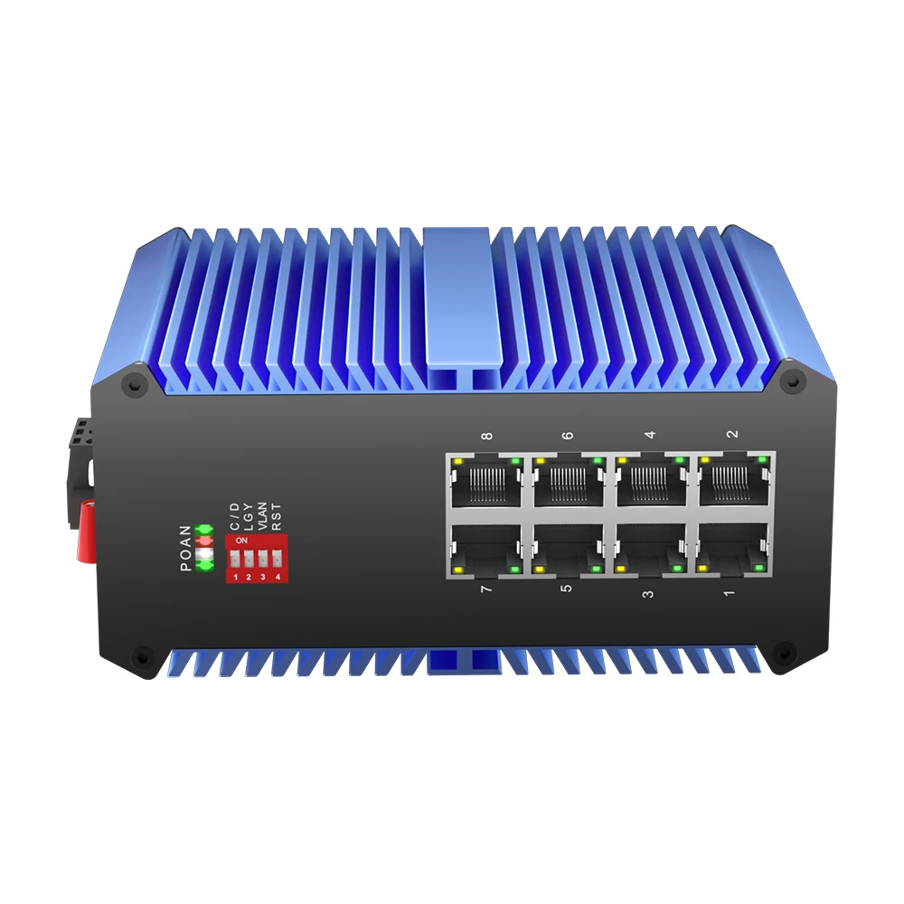 Switch Ethernet industriale non gestito Gigabit a 8 porte 10/100/1000 Mbps |   Robusta custodia in alluminio |   Guida DIN |   Da -40 a 75 ° C