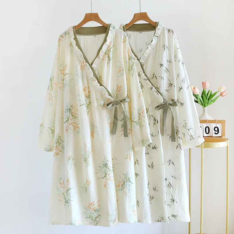 

Spring and Autumn Cotton Gauze Bathrobes Women's Cotton Long Sleeve Japanese Kimono Pajamas Pajamas Summer Thin Yukata Sweat Ste