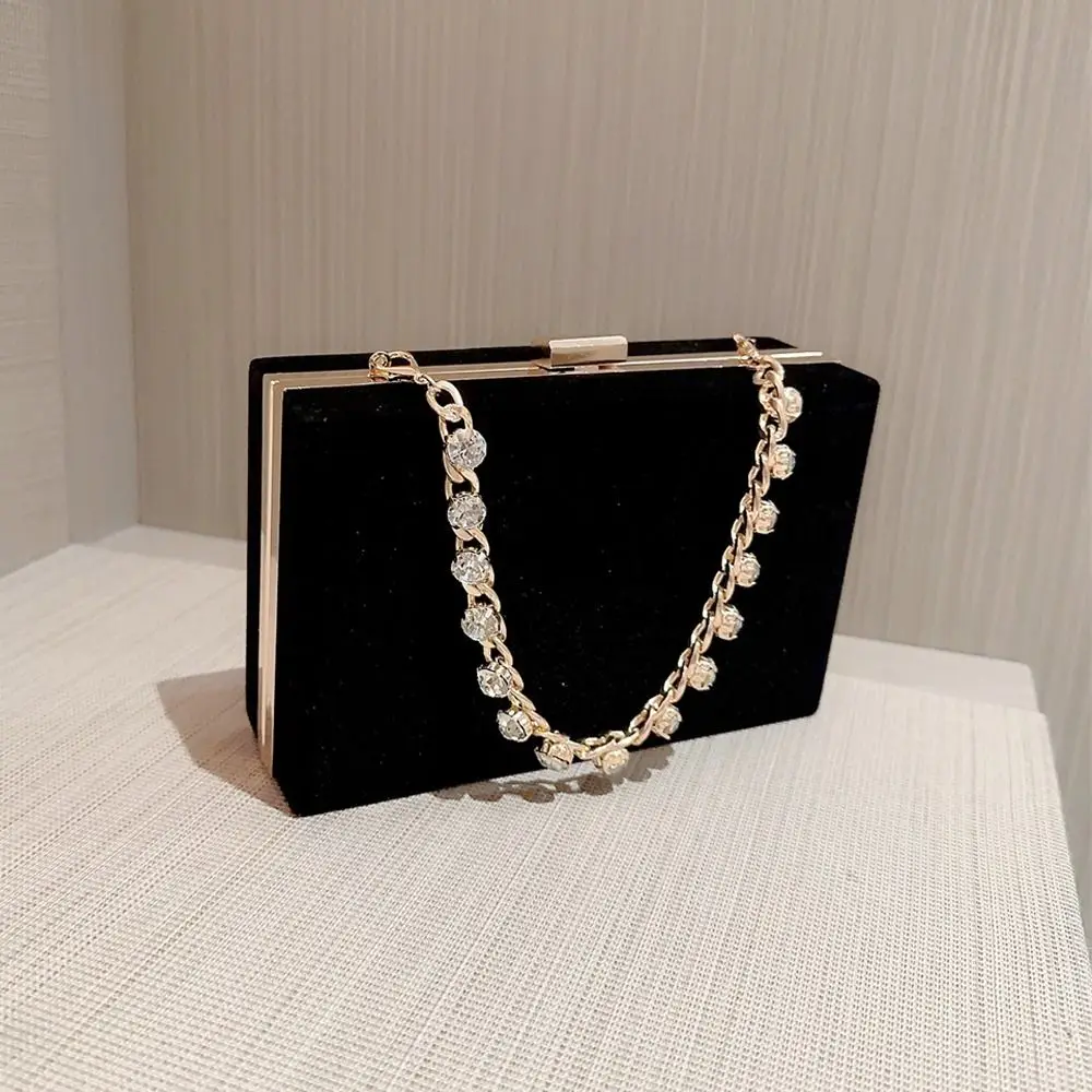 Black Velvet Evening Bag Elegant French Vintage Chain Shoulder Bags Banquet Clutch Women Female