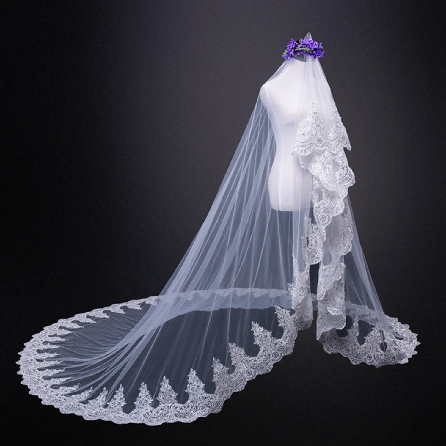 

Luxury Long Bridal Veil White Ivory Wedding Veils Without Comb Lace Edge Applique Elegant Cathedral Length 1 T 4m 5m