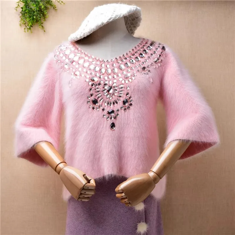 Top Quality Fashion Sweet Ladies Women Pink Beaded Hairy Mink Cashmere Knitted Half Sleeves Slim Blouses Pullover Sweater Pull
