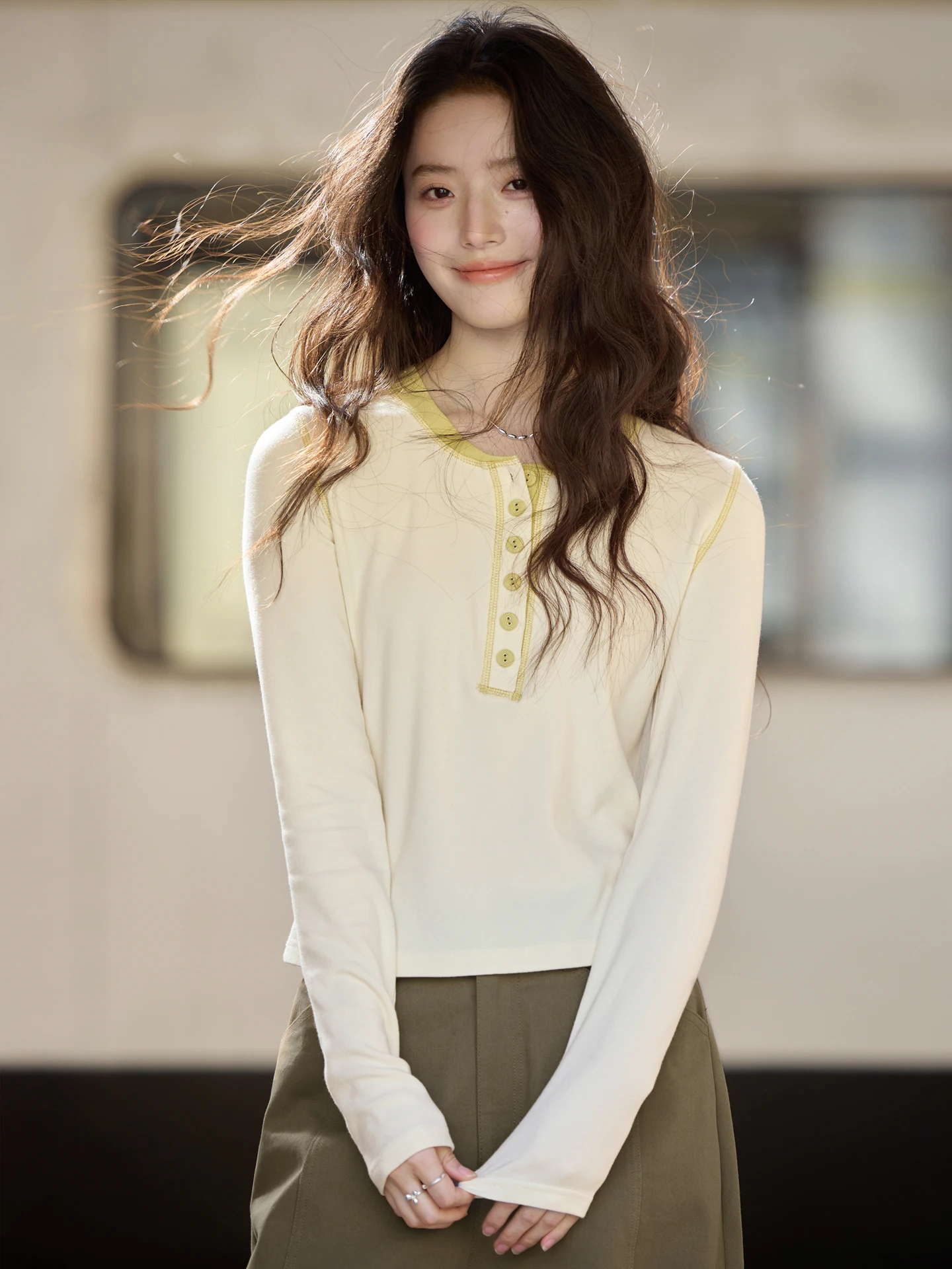 

Slim Fit Long Sve T-irt Women's ort Sle Casual Wear Spring Season f Open Collar Color Blo Base irt Amy Wine H...