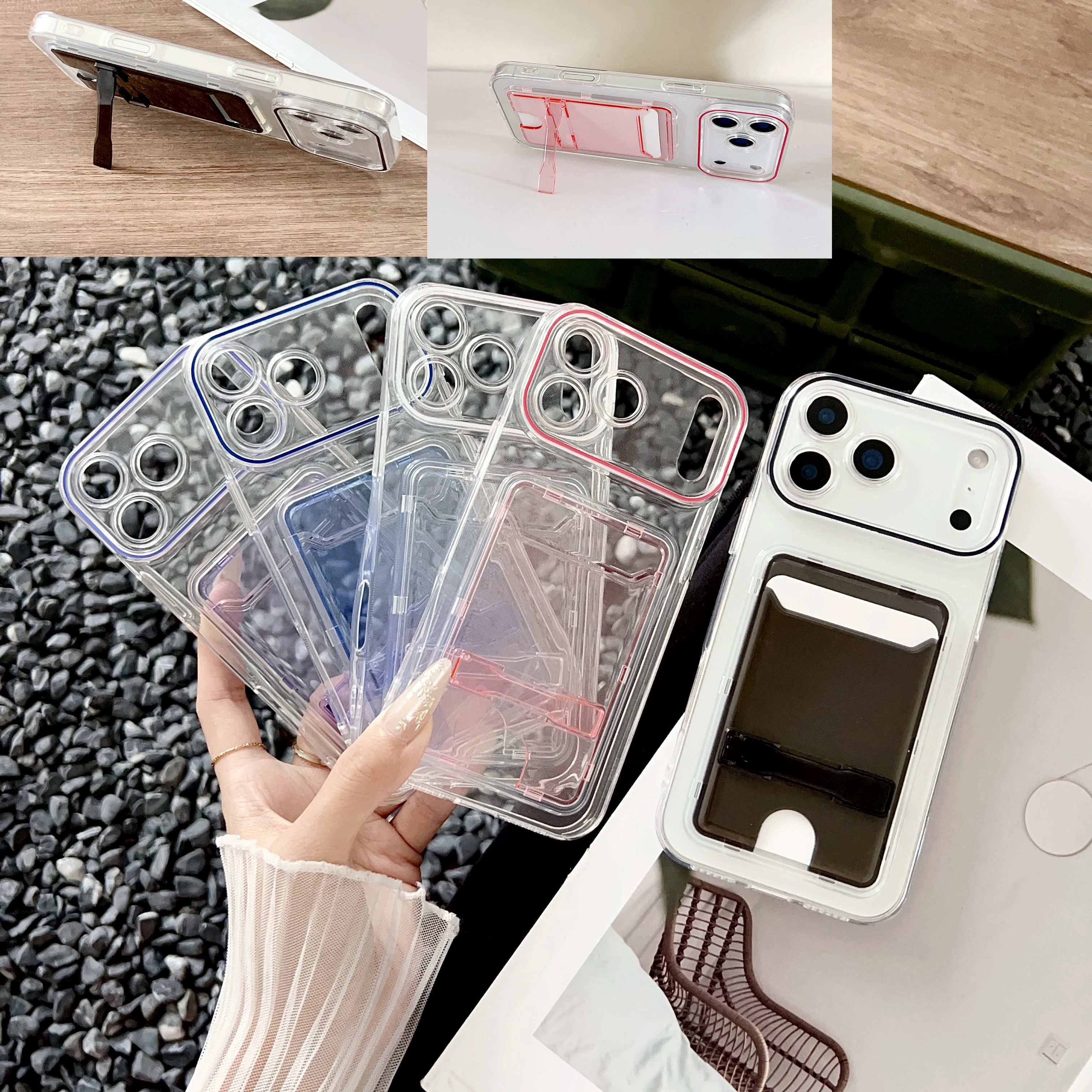 

Transparent Shockproof Case For iPhone 11 12 13 14 15 16 17 Pro Max Clear Luxury PC + TPU Stand Cover with Card Slot Protector