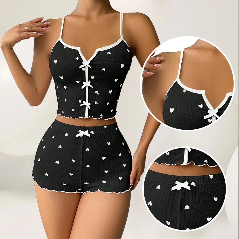 Women\'s Pajama Set Heart Print Soft Ribbed Fabric Sleepwear with Flirty Frill Trim Casual Cami Top and Shorts Sets Loungewear