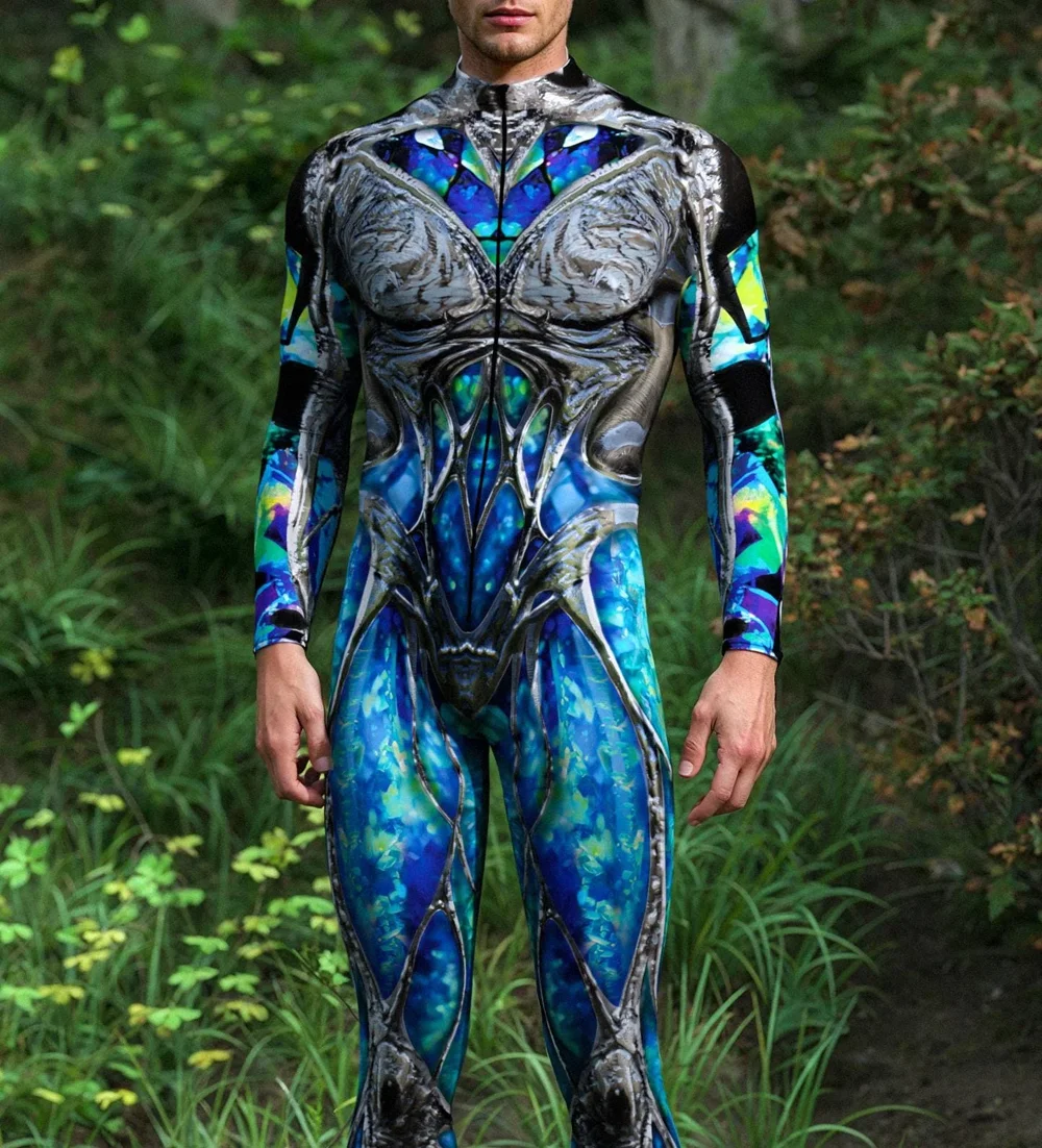 Men Cyber Punk 3D Digital Print Skeleton Cosplay Bodysuit Party Role Play Outfit Zentai Suit Costume Carnival Jumpsuit